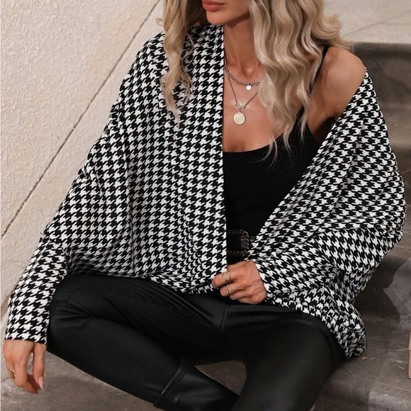 Classic Houndstooth Plaid Batwing Sleeve Open Front Cover UP Coat LIGHTWEIGHT - Picture 7 of 11
